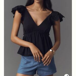 By Anthropologie Cotton Flutter-Sleeve V-Neck Babydoll Top in FUCHSIA